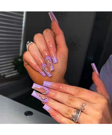 Brishow artificial nails purple french nails to stick out crystal press on nails ballerina acrylic long wrong nails 24 pieces for women and girls