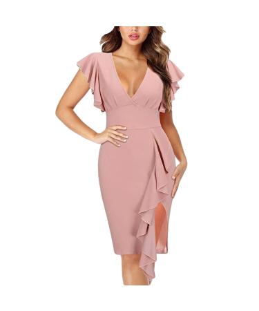 Briskyry V-neck flowers case of the knee long business dresses women summer elegant bustier festival dresses sexy ruffled hems moored sleeves tightness party dress vintage dress l uosa