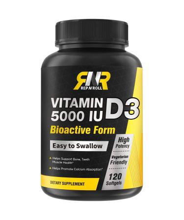 Rep N Roll Vitamin D3 5000 IU (125 mcg)  Body-Preferred Vitamin D for Immune Health Strong Bones & Healthy Muscles  120 Veggie Softgels  No Gluten  Non GMO