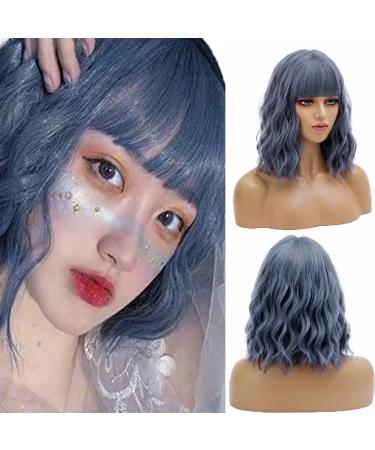 14 Inch Mix Blue Wavy Wig Short Wavy Wig Bob Blue Wigs With Air Bangs Shoulder Length Women's Short Wig Curly Wavy Synthetic Wig Pastel Bob Wig For Girls Summer Party Costume Cosplay Daily Use Bangs Curly 14 Inch Mixed B...