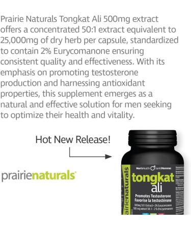 Prairie Naturals Tongkat Ali 500 promotes Testosterone production. Source of antioxidants. Eurycomanone. Dairy free. Vegan. Gluten Free - 60 Vegan capsules - Buy Online on GoSupps.com
