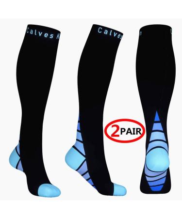 Calves Kelson Compression Socks (2 Pairs) for Men & Women - Speed Recovery, Graduated Athletic Fit - Black & Blue - L-XL - Buy Online on GoSupps.com