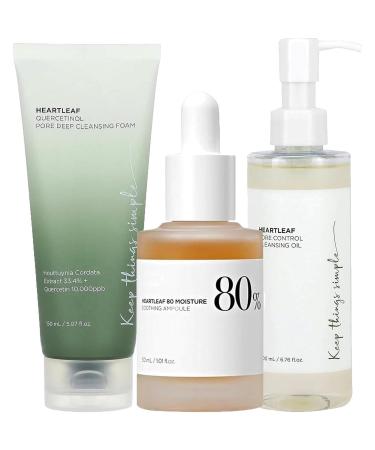 Set of 3 Heartleaf Soothing Toner 200ml Heartleaf Soothing Ampoule 30ml Heartleaf Cleansing Foam 150ml Heartleaf Pore Control Cleansing Oil 200ml Korean Skincare (3 piece-A)