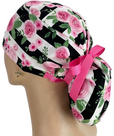 Pink Rose Striped Ponytail Scrub Cap | Unisex Surgical Hat for Nurses | Tie Back Working Cap with Holder - Buy Online on GoSupps.com