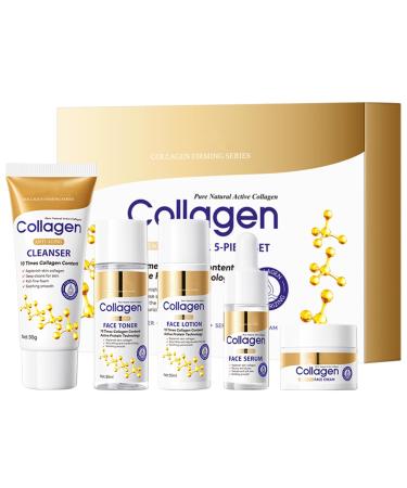 Collagen Skin Care Set 5-Piece Anti-Aging Travel Kit with Cleanser Toner Lotion Serum Cream Gift Set for Women & Girls Shrink Pores Tighten Lift Smooth Wrinkles Moisturizing Skincare Gift Set
