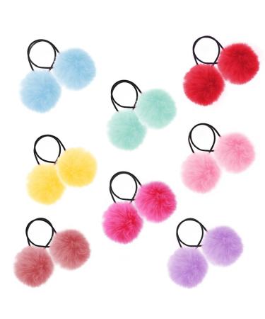 16PCS Pom Pom Hair Ties Pompom Ball Elastic Fluffy Cute Ponytail Holders PomPom Hair Band Hair Accessories for Girls Toddlers Women Pigtail (8 Colors/2 inches) Set 1