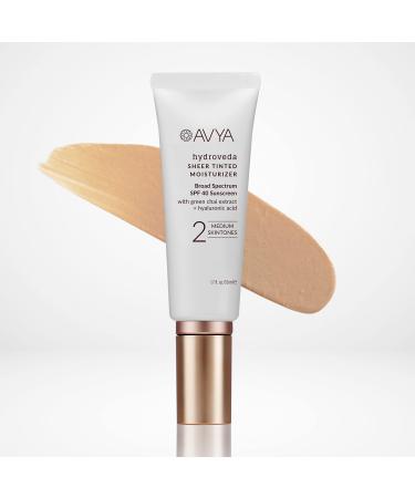 AVYA SPF 40 Sheer Tinted Moisturizer with Hyaluronic Acid & Green Chai Advanced Ayurvedic Skincare Treatment for Balanced and Brighter Skin/Medium Skintones Shade #2 (1.7oz/50ml) Shade #2 - Medium 1.7 Ounce (Pack of 1)