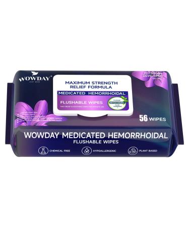 Flushable Hemorrhoid Wipes | Maximum Strength Witch Hazel Wipes | 56 Count Fragrance Free Adult Hemorrhoids Medicated Witch Hazels Wipe for Butt Hemorrhoidal Itch 56 Count (Pack of 1)