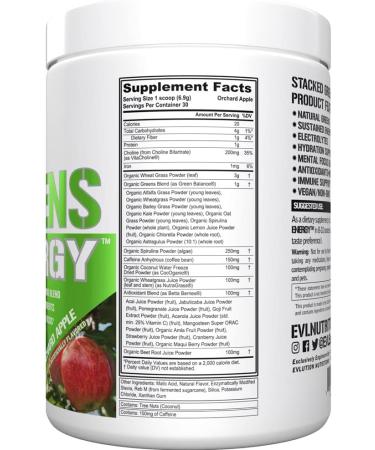EVL Super Greens Energy Drink Powder - Vegan Superfood Mix for Energy, Focus, and Immunity - Spirulina, Chlorella, Wheat Grass, Caffeine - 30 Servings - Buy Online on GoSupps.com