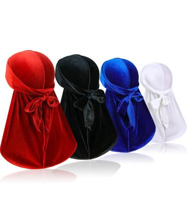 4 pieces Velvet Men Durags - Premium Soft Durag Headwraps with an extra long cock and wide carriers perfect for 360 waves size.Unit size style 1 unit size style 1
