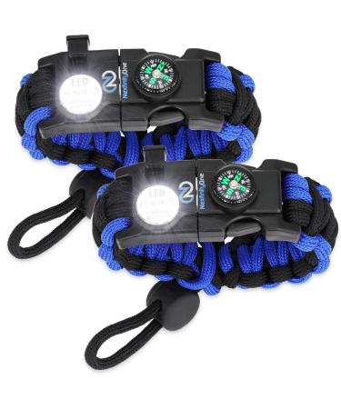Survival Paracord Bracelet - Tactical Emergency Gear Kit with SOS LED Light, 550 Grade, Adjustable, Multitools, Fire Starter, Compass, and Whistle - Set of 2 Blue
