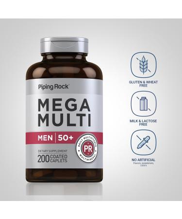 Piping Rock Multivitamin for Men Over 50+ | 200 Caplets | Mega 50 Plus Daily Multimineral | with Magnesium Calcium Zinc | Non-GMO Gluten Free Supplement - Buy Online on GoSupps.com