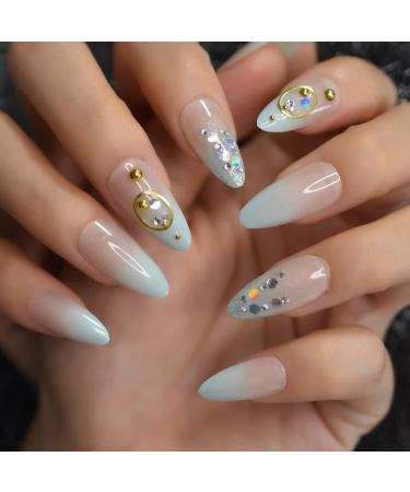 Ombre Almond Medium Fake Nails with Rings | Holo Glossy 3D Bling Press On Nails | Nude Light Green Gradient - 24pcs Kit - Buy Online on GoSupps.com