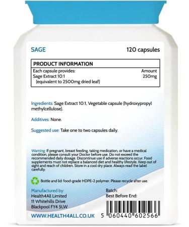 Health4All Sage Strong 2500mg 120 Capsules - Vegan Supplement for Menopause Symptoms - 120 Count Pack - Buy Online on GoSupps.com