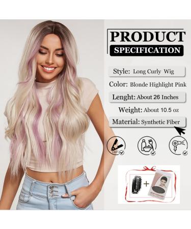 Esmee Long Wavy Blonde Pink Highlight Synthetic Wig - Heat Resistant for Women - Ideal for Daily, Party, Cosplay - Buy Online on GoSupps.com
