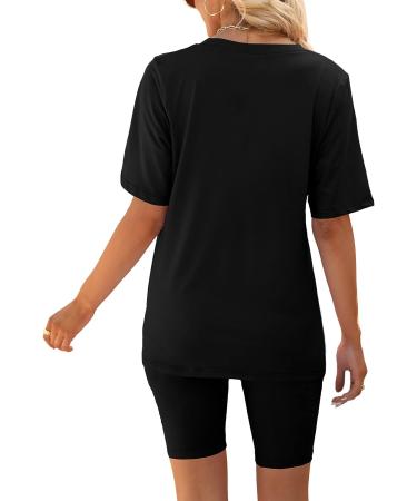 AGSEEM Women's Summer Two Piece Outfit Set: V-Neck T-Shirt Top & Biker Shorts | Workout Sports Tracksuit - Black (Medium) - Buy Online on GoSupps.com