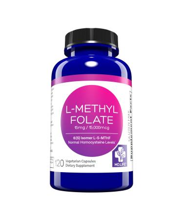 MD. Life L-Methylfolate 15 mg - Active Folate 5 Mthfr Support Supplement Professional Strength Methyl Folate - Essential Amino Acids & Brain Supplement- 120 Vegan Capsules 1 Count (Pack of 1)