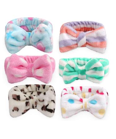 AOPRIE 6 Pieces Spa Headbands for Washing Face Makeup Headbands Spa Headbands Bow Hair Band Women Facial Makeup Head Band Soft Coral Fleece Head Wraps For Shower Washing Face Mask Pink White Green Dot