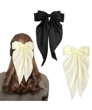 Bow Hair Clip 2Pcs Hair Bows for Women Big Bowknot Hairpin French Hair Clips with Long Ribbon Solid Color Hair Barrette Clips Soft Satin Silky Hair Bows for Women Girls(Black+creamy-white) Black+creamy white