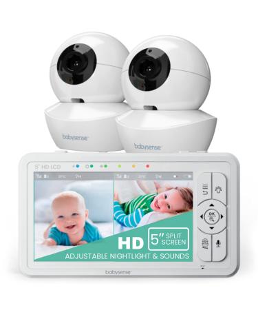Babysense UPGRADED 720p 5" HD Split-Screen Baby Monitor Video Baby Monitor with Two HD Cameras and Audio Adjustable Night Light White Noise and Lullabies Long Range 4xZoom 4000mAh Battery