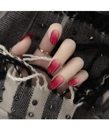 24pcs Glossy Red False Nails Sequin Gradient Fake Nails Full Cover Short Oval Nail Party Acrylic Art Clip Press on Nails for Women and Girls - Buy Online on GoSupps.com