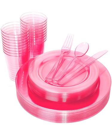 WDF 25 Guest Pink Plates with Disposable Plastic Silverware&Pink Cups-Neon Clear Plastic Dinnerware include 25 Dinner Plates,25Salad Plates,25Forks, 25 Knives, 25 Spoons,25 Plastic Cups Mother's Day