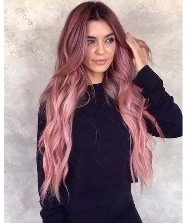 Colorful Panda Long Pink Ombre Wig for Women - 26 Inches Heat Resistant Synthetic Loose Wavy Hair with Dark Roots - Buy Online on GoSupps.com
