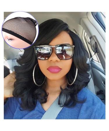 Lady Miranda Loose Wave Lace Part Wig Pure Color Nature Curly Synthetic Heat Resistant Weave Full Wigs for Women(Black) 16 Inch Black
