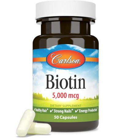 Carlson - Biotin 5000 mcg Healthy Hair Strong Nails & Energy Production 50 Capsules 50 Count (Pack of 1) - Buy Online on GoSupps.com