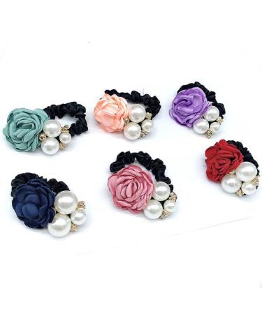 KIMUWHI 6PCS Ribbon Rose Flower Pearls Rhinestone Hair Bow Holder Elastic Rubber Band Hair Ties Bridal Women Hair Jewelry