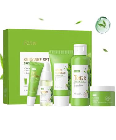 Green Tea Skin Care Set for Women/Teens with Cleanser, Toner, Serum, Eye Cream and Face Cream, Deep Cleansing, Oil Control, Hydrating,