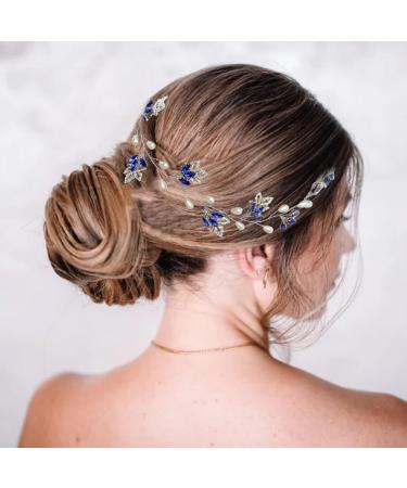 Flatser Blue Crystal Wedding Hair Vine - Silver Pearl Rhinestone Bridal Headpiece for Women - Buy Online on GoSupps.com