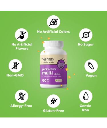 Renzo's Picky Eater Kids Multivitamin with Iron | Dissolvable, Sugar-Free Apple Flavored (60 Melty Tabs) - Buy Online on GoSupps.com
