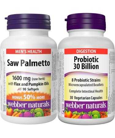 Webber Naturals Saw Palmetto 160 mg Contains Flax and Pumpkin Oil 90 Softgel & Probiotic 30 Billion Active Cells 8 Probiotic Strains 30 Capsules For Digestive Health Vegetarian Saw Palmetto+ Active Cells