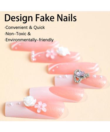 Shop Stylish French Tip Press On Nails - Summer Pink Coffin Design with Heart-Shaped Pearls & Rhinestones | 24 Pcs Glossy Acrylic Nails for Women & Girls - Buy Online on GoSupps.com