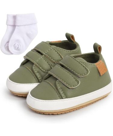 Baby PU Leather Sneakers | Anti-Slip First Walking Shoes for 6-12 Months | Green Infant Prewalkers with Sock - Buy Online on GoSupps.com