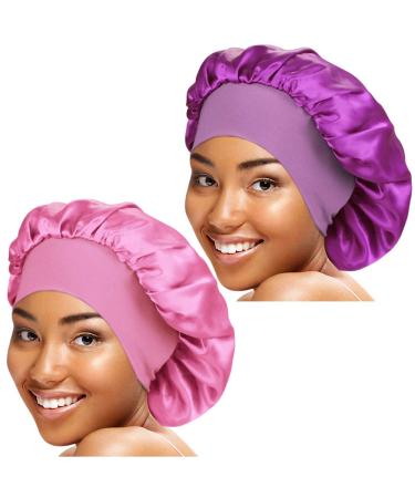 2 Pieces Wide Band Satin Cap Sleep Bonnet Soft Night Sleep Hat for Women One Size Purple+Pink