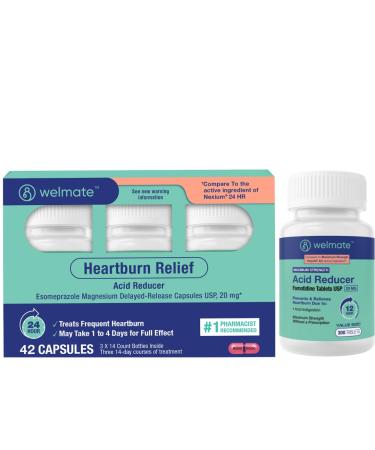WELMATE Heartburn Relief Bundle 24HR + Fast Acting Acid Reducers Esomeprazole 42ct + Famotidine 300ct