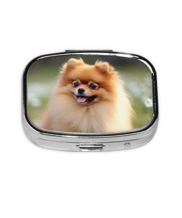 Pomeranian Dog Printing 2 Compartment Small Pill Case Cute Small Pill Box Purse Pill Boxs Travel Pill Organizer for Pocket Purse and Travel Gifts