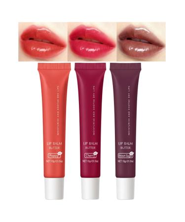 Hydrating Tinted Lip Butter Balm Trio - Jelly Lip Stain and Long-Lasting Non-Sticky Glow Lip Care Oil Perfect Christmas Makeup Gift for Women (Set B 3 Pieces/Set) Set B 3 Pieces/Set