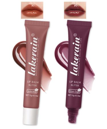 Lip Butter Balm Vanilla Beige Brown Lip Gloss Shea Butter Tinted Lip Balm Lip Glowy Balm Hydrating Lip Mask Glossy Plumping Lip Butter Gloss for Dry Cracked Lips All-Day Moisture Non-sticky Lip Care 02+03