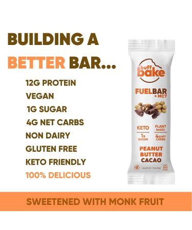 Buff Bake Fuel Bar Keto Protein Bars - Vegan, Low Carb, Non Dairy, Gluten Free, 12g Plant Based Protein - MCT, Energy, Fiber, 1g Sugar, 4g Net Carbs - Peanut Butter Cacao 12 Pack - Buy Online on GoSupps.com