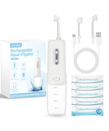 InhwRior Electric Nasal Irrigator Set Nose Rinse Pulsating Variable-Flow Mist & Stream Nozzles 200 ml Large Tank 30 Uses Cleanser Supports 1.8 g/200 ml Mix typec Fast Charging JQ-S14U