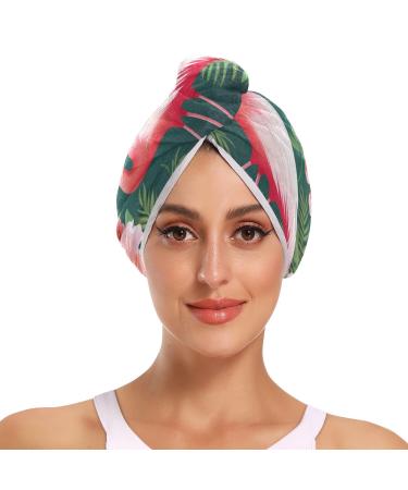 Tropical Flowers Flamingo Hair Towel 2 Pack Super Absorbent Hair Drying Towel Quick Dry Hair Turbans Head Towel with Button Twisty Wrap for Women Girls