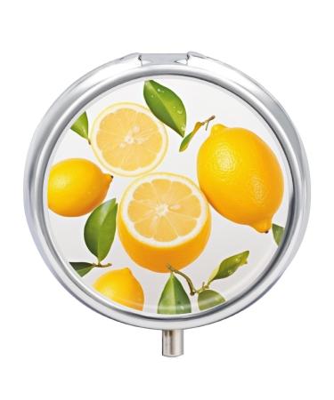 Pill Box Pill Case 3 Compartment Travel Pill Box Fresh Lemon Printing Small Pill Box Portable Medicine Pill Case Pill Organizer for Purse & Pocket for Travel Handbag (Round)