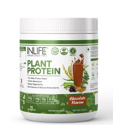 INLIFE Plant Protein Powder - Pea Quinoa & Brown Rice - 25g Protein - Ashwagandha Green Tea & Grape Seed Extract - Supplement (500 g Chocolate)