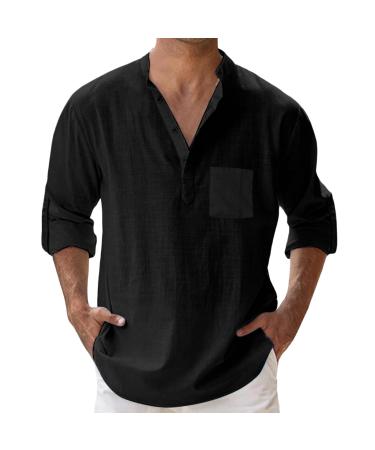 Summer shirt men long arm light and airy iron -free slim fit leisure shirt summer long stand -up collar linen shirt black cotton 4xl men's shirts casual with bag men shirts xxl black