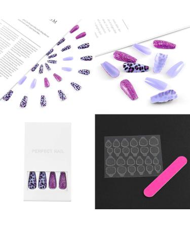 Sethexy Long Purple Ballerina False Nails - Leopard Sparkle Acrylic Nail Tips (24pcs) for Women & Girls - Buy Online on GoSupps.com