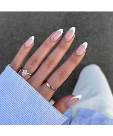 24Pcs/Set Press On Nails Medium Length White nude Sparkling Diamond False Nails Acrylic Fake Nails Full Cover Nails Tips Artificial Finger Manicure Press on nails for Women and Girls