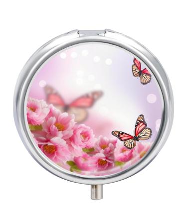 Pill Box Pill Case 3 Compartment Travel Pill Box Flowers Butterflies Printing Small Pill Box Portable Medicine Pill Case Pill Organizer for Purse & Pocket for Travel Handbag (Round)